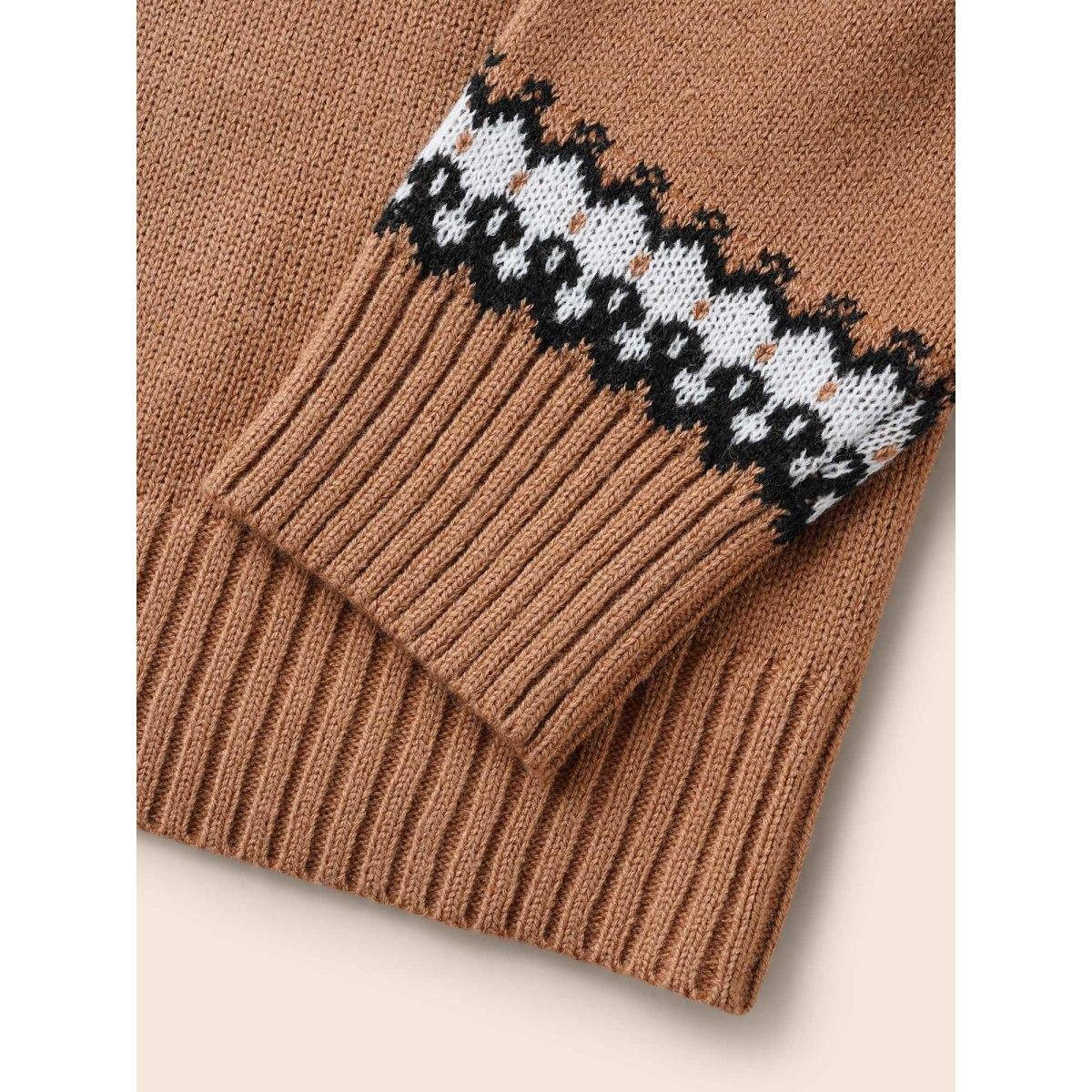 Plus Size Fair Isle Half Zipper Design Pullover Yellowishbrown Women Casual Long Sleeve Lapel Collar Everyday Pullovers BloomChic 14-16/1X Product Image