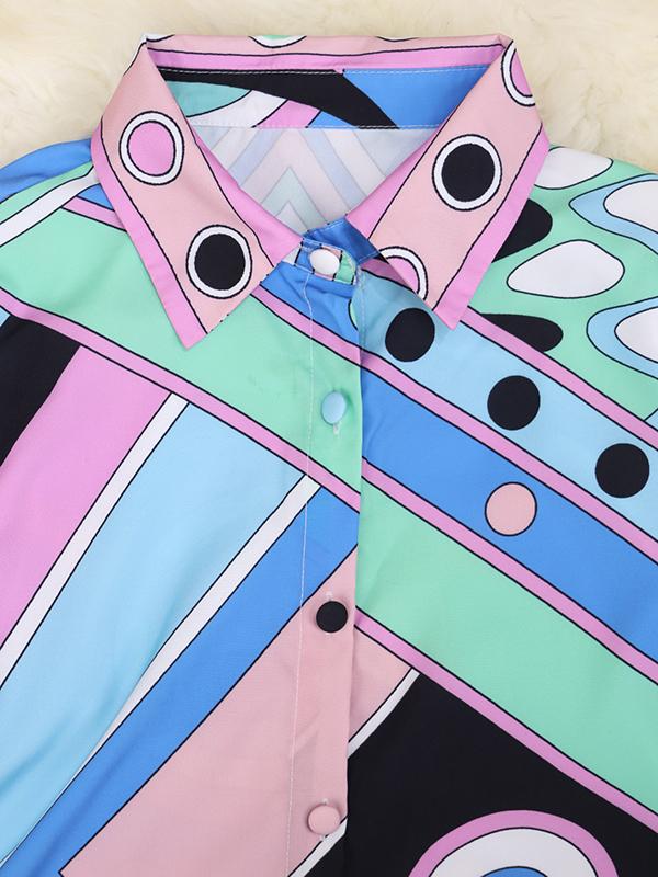 Buttoned Printed Lapel Blouses&Shirts Tops + Bodycon High Waisted Skirts Bottom Two Pieces Set Product Image