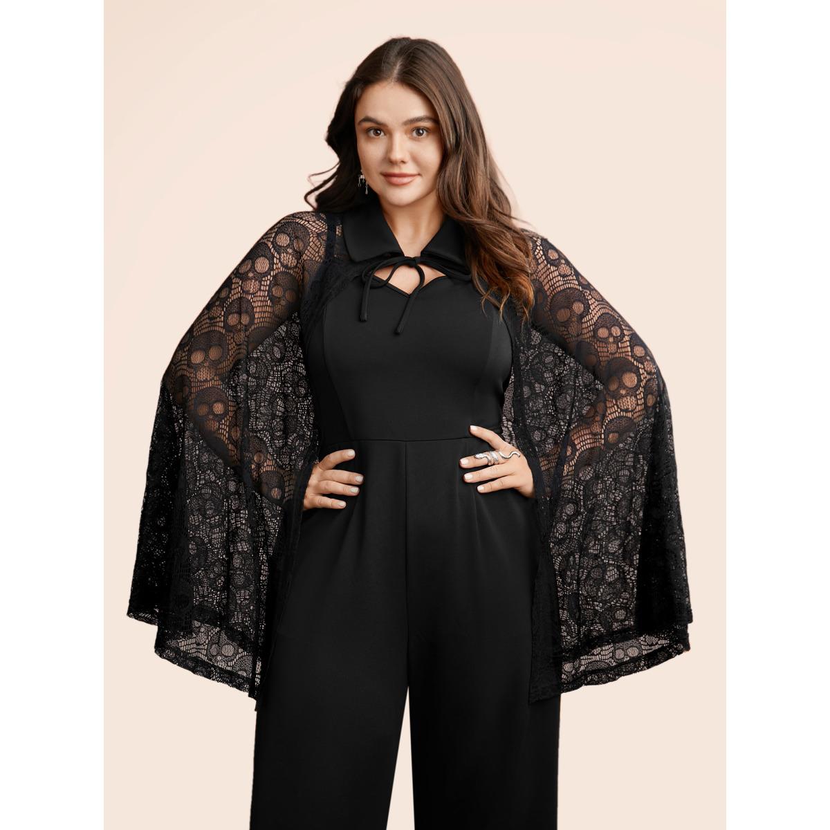 Plus Size Black Stretch Fabric Ghostly Cape With Jumpsuit Women Cocktail Sleeveless Shirt collar Party Loose Jumpsuits BloomChic 14-16/1X Product Image