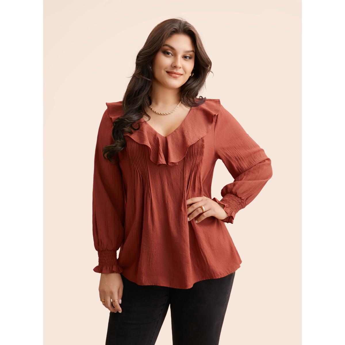 Plus Size Indigo Solid Texture Pleated Ruffle Trim Blouse Women Elegant Long Sleeve Deep V-neck Everyday Blouses BloomChic 28/5X Product Image