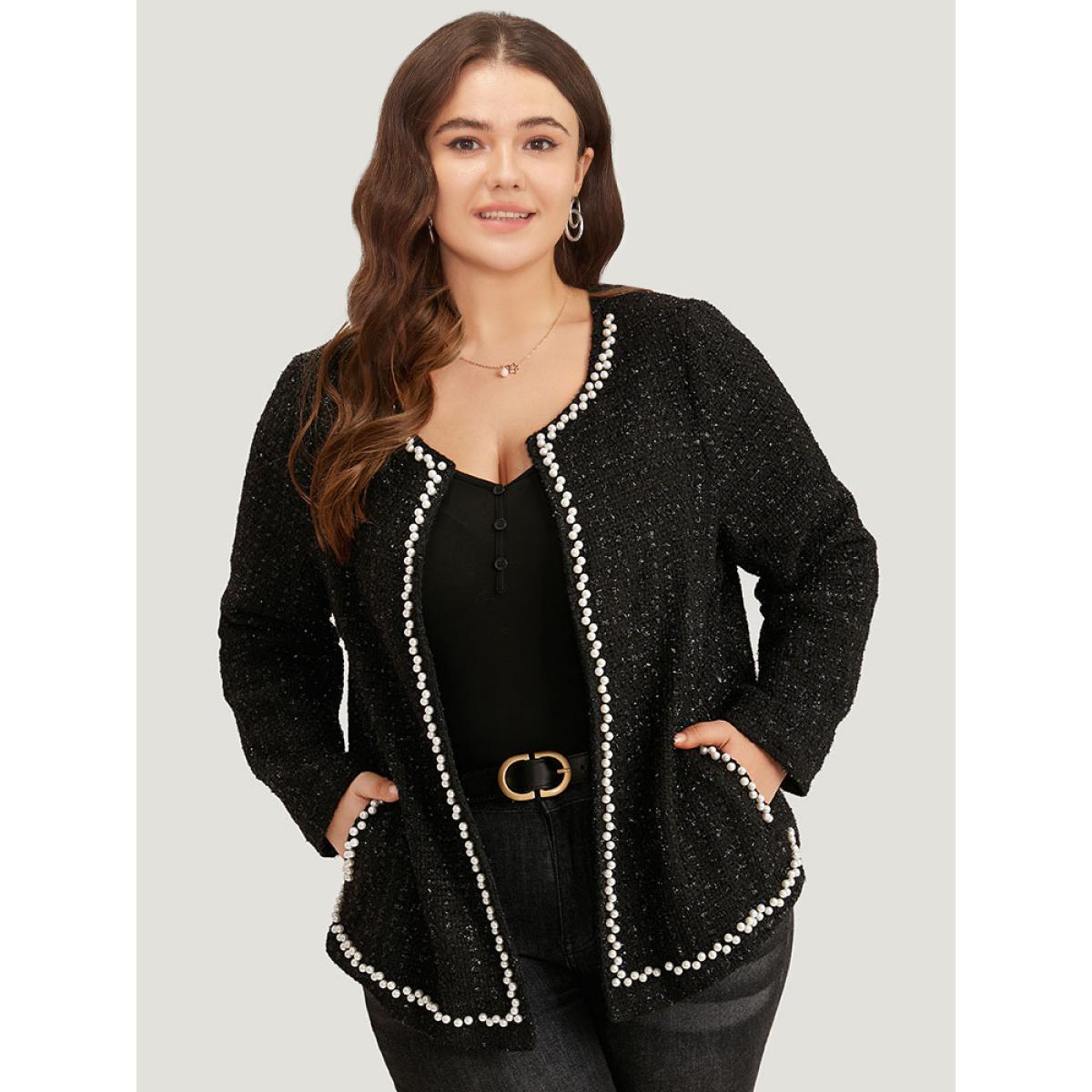 Plus Size Pearl Tweed Beaded Texture Pocket Blazer Women Black Elegant Texture Ladies Dailywear Winter Coats BloomChic 30/6X Product Image