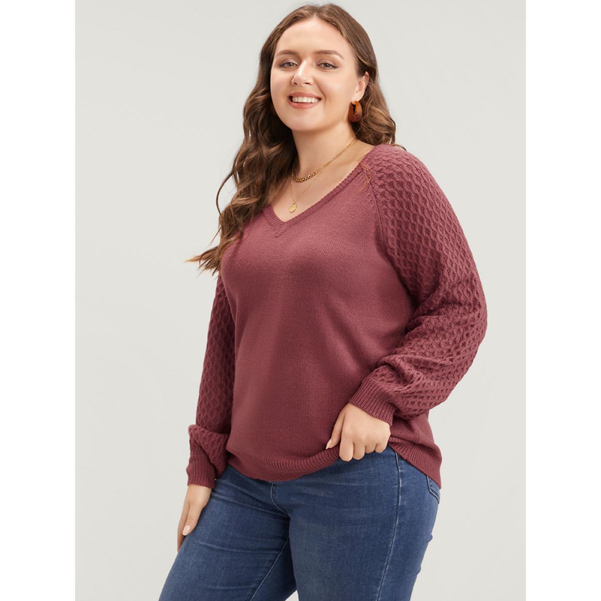 Plus Size Solid Pointelle Knit Lantern Sleeve Knit Top Russet Women Elegant Loose Long Sleeve V-neck Dailywear Pullovers BloomChic 22-24/3X Product Image