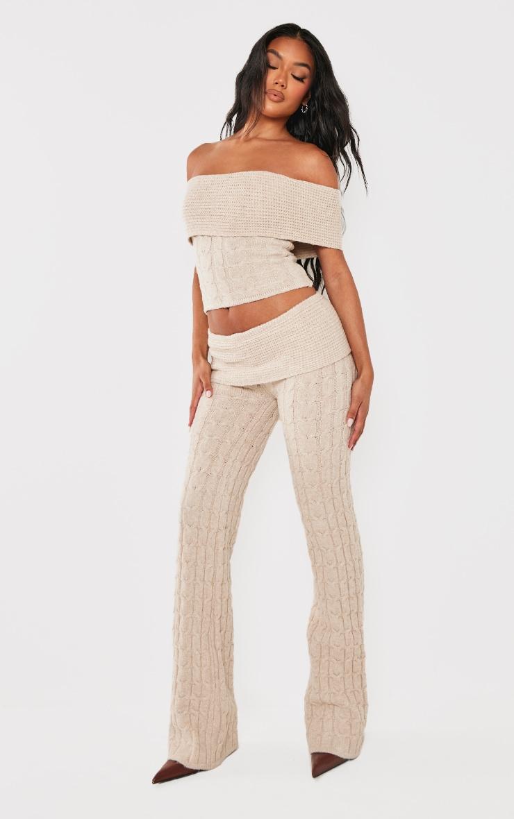 Oatmeal Marl Textured Knit Foldover Wide Leg Pants Product Image