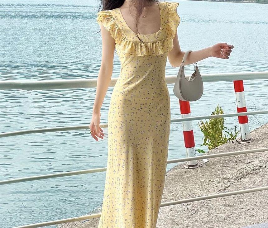 Sleeveless Square Neck Floral Print Maxi A-Line Dress Product Image