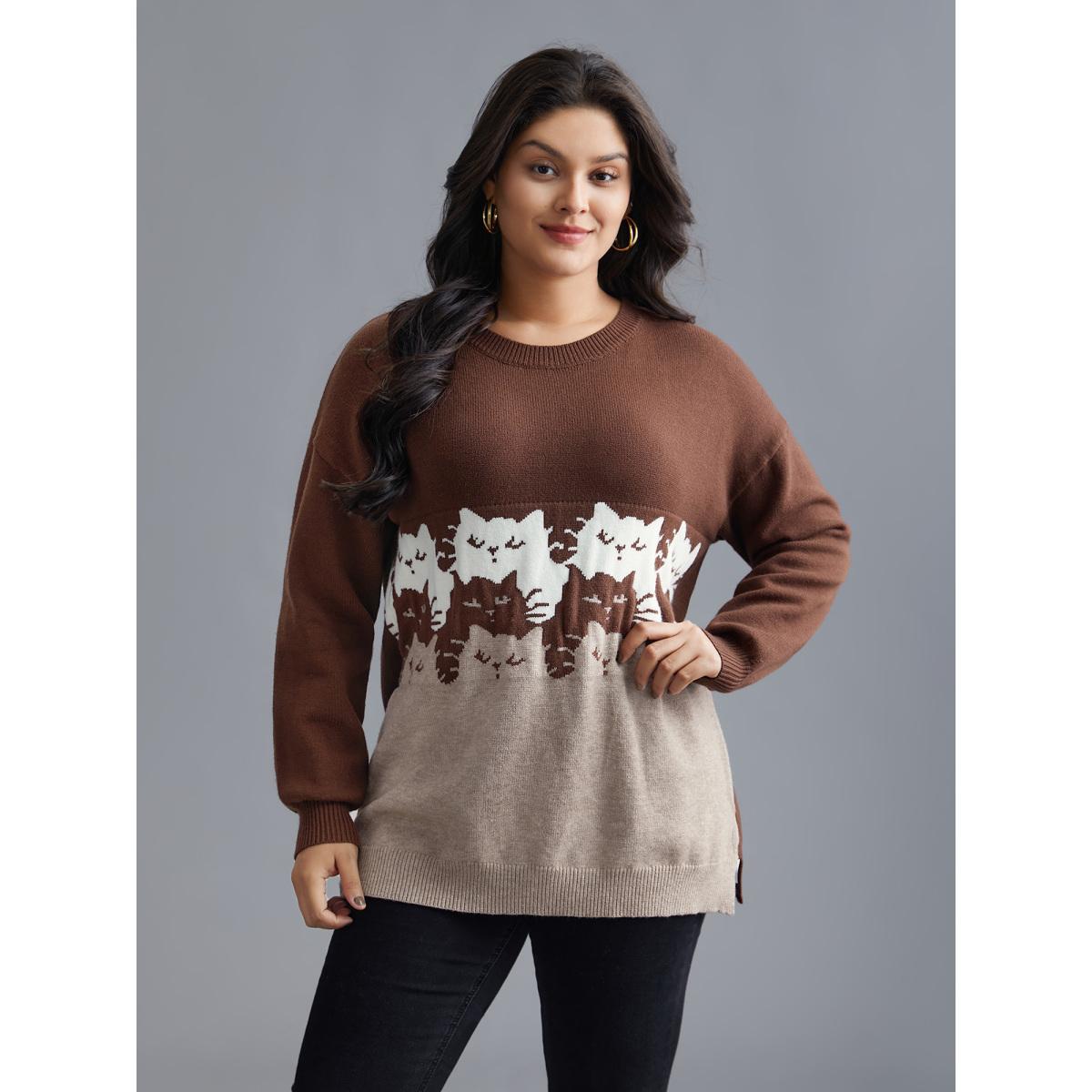 Plus Size Cat Contrast Drop Shoulder Pullover Browncoffeecolor Women Playful Loose Long Sleeve Round Neck Casual Pullovers BloomChic 30/6X Product Image