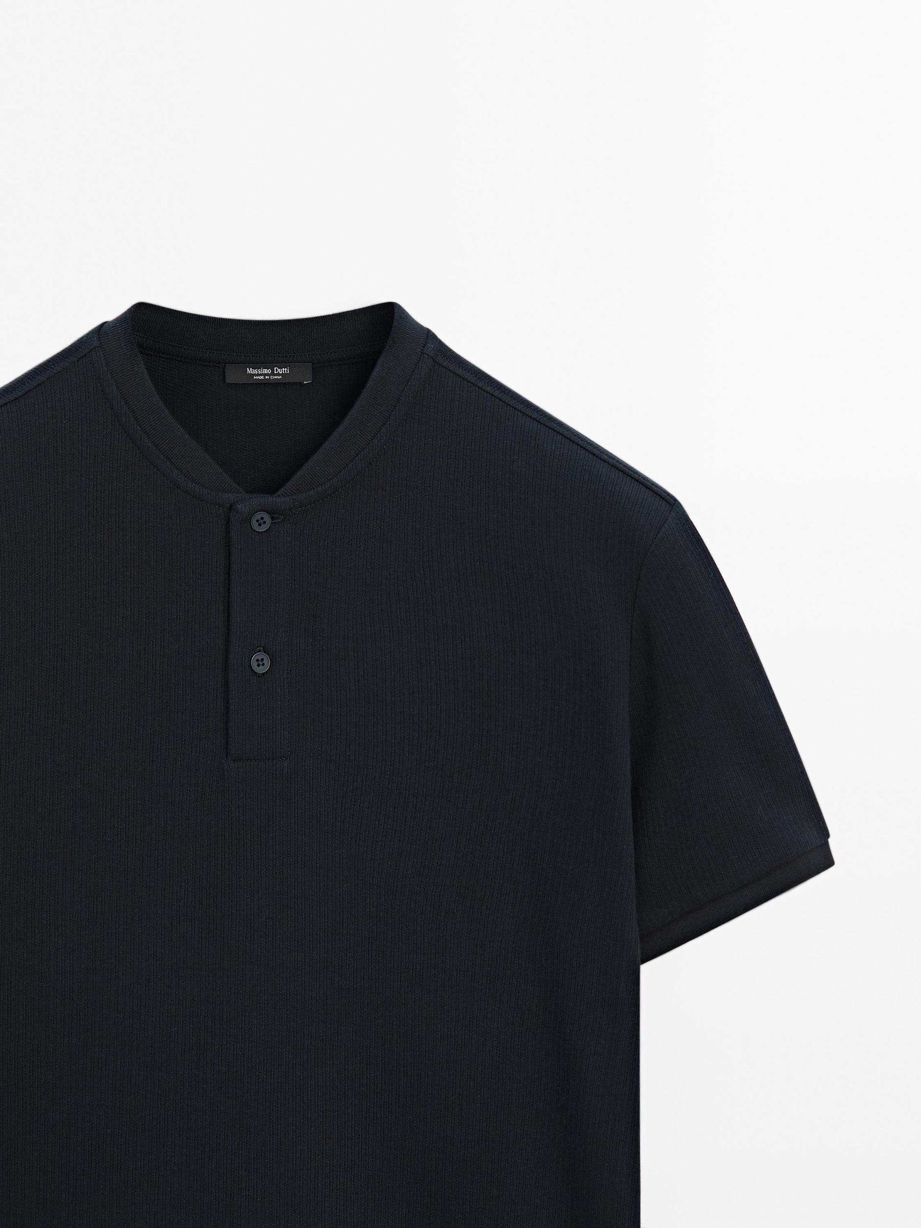 Ribbed polo shirt with stand collar Product Image