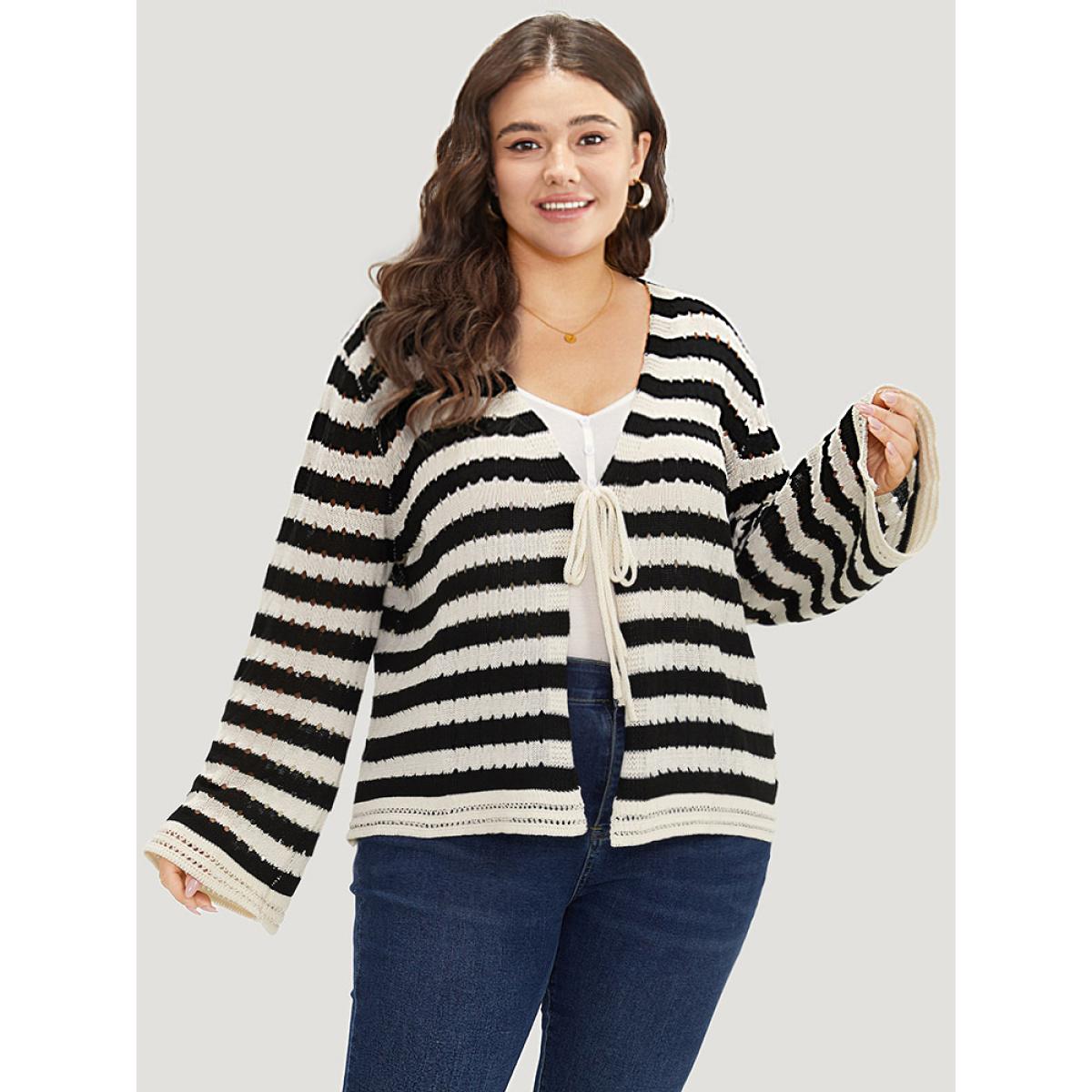 Plus Size Striped Ties Front Eyelet Lace Cardigan Black Women Casual Loose Long Sleeve Dailywear Cardigans BloomChic 26/4X Product Image