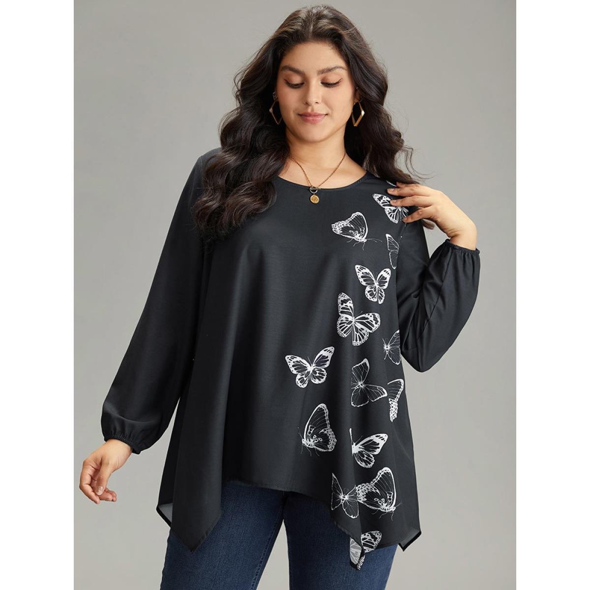 Plus Size Black Butterfly Crew Neck Lantern Sleeve Hanky Hem Blouse Women Elegant Long Sleeve Round Neck Office Blouses BloomChic 28/5X Product Image