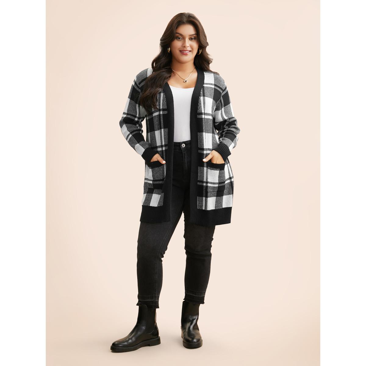 Plus Size Kimono Collar Plaid Slit Hem Cardigan Black Women Leisure Loose Long Sleeve Casual Cardigans BloomChic 10/M Product Image