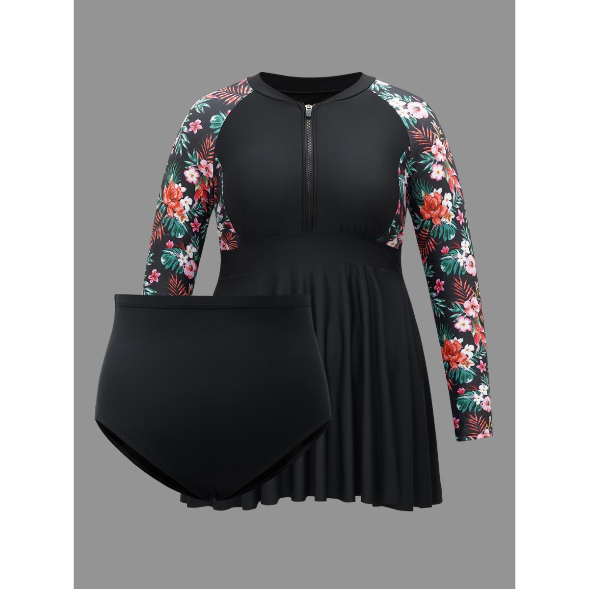 Plus Size Floral Sleeve Half Zipper Swim Dress Women's Swimwear Black Beach Bodycon Round Neck High stretch Curve Swim Dresses BloomChic 10/M Product Image
