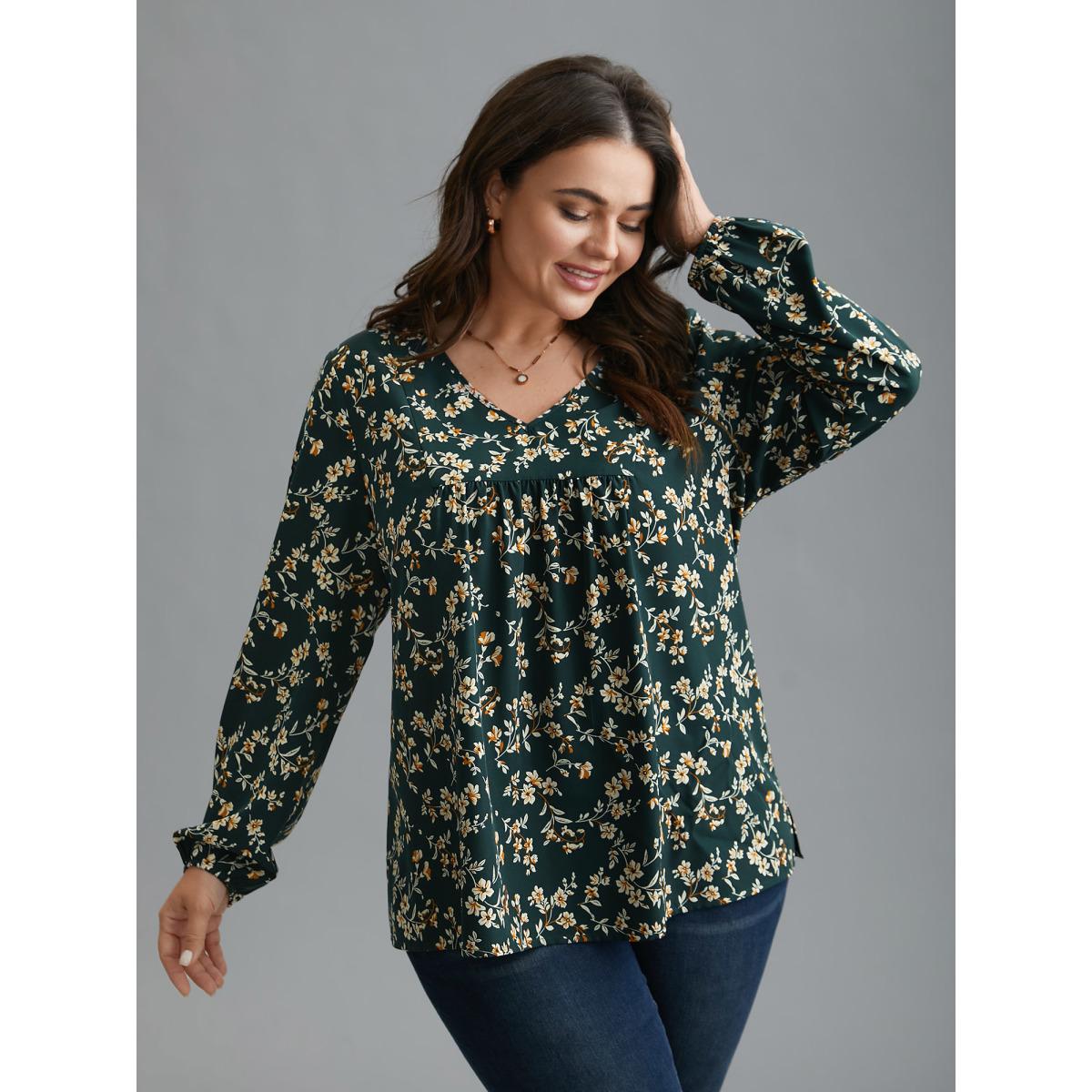 Plus Size DarkGreen Ditsy Floral Split Hem Gathered Blouse Women Elegant Extra Long Sleeve V-neck Everyday Blouses BloomChic 14-16/1X Product Image