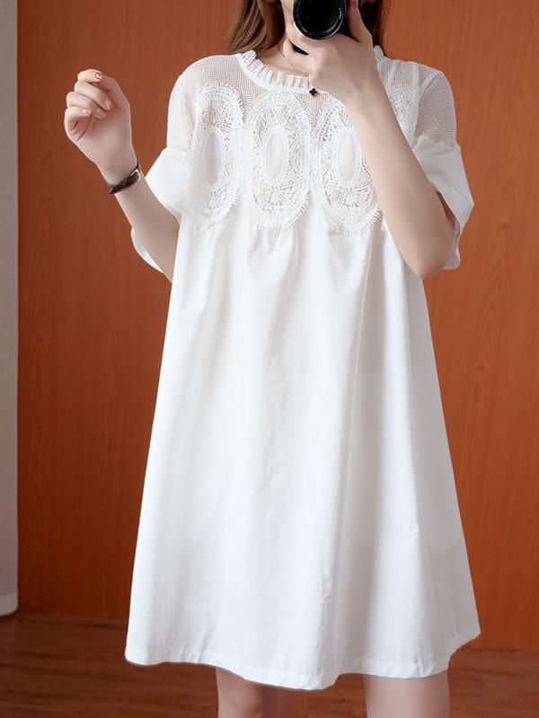 Original Solid Lace Split-Side Short Sleeve A-Line Mini Dress Product Image