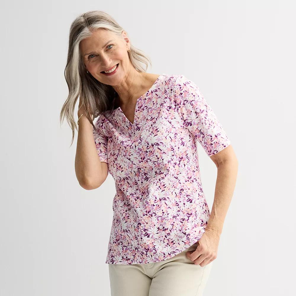 Women's Croft & Barrow® Elbow-Sleeve Splitneck Top, Size: Medium, Purple Team Floral Product Image