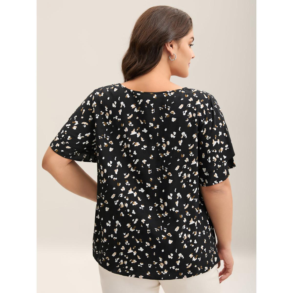 Plus Size Black Leopard Dot Print Layered Sleeve Blouse Women Short sleeve Round Neck Work Blouses BloomChic 30/6X Product Image