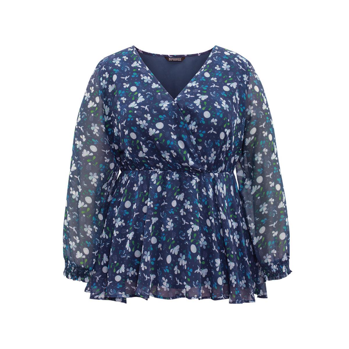 Plus Size Indigo Floral Wrap Elastic Waist Mesh Patchwork Blouse Women Elegant Long Sleeve V-neck Party Blouses BloomChic 22-24/3X Product Image