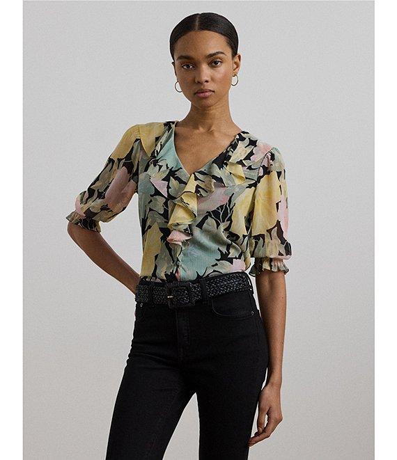 Lauren Ralph Lauren Petite Size Floral Crinkle Georgette Ruffle-Trim Blouse Product Image