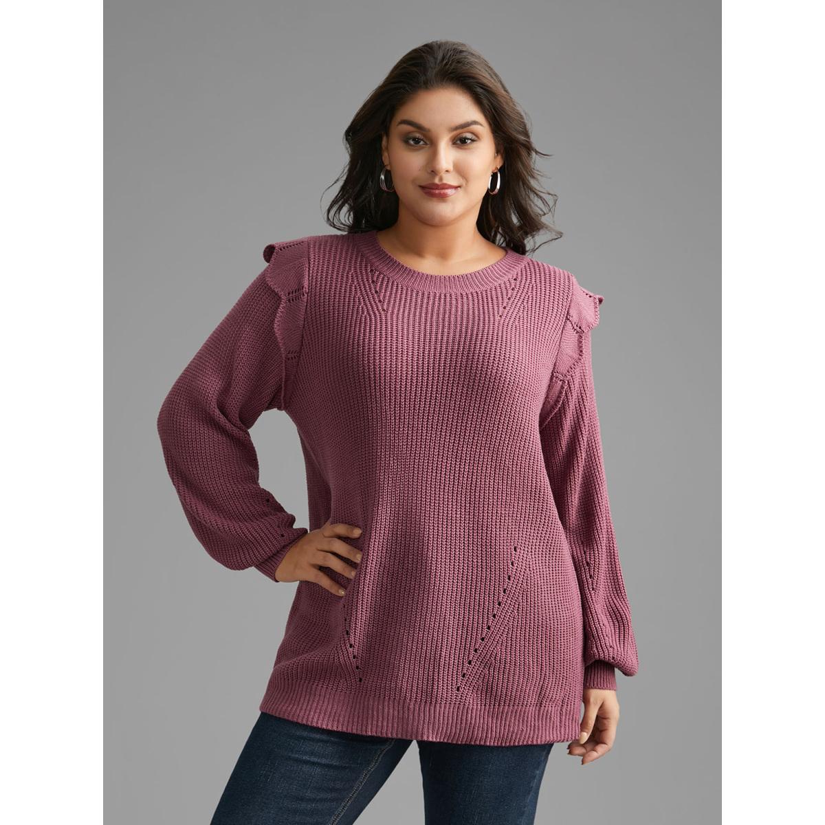 Plus Size Plain Texture Trim Lantern Sleeve Pullover DustyPink Women Casual Loose Long Sleeve Round Neck Everyday Pullovers BloomChic 14-16/1X Product Image
