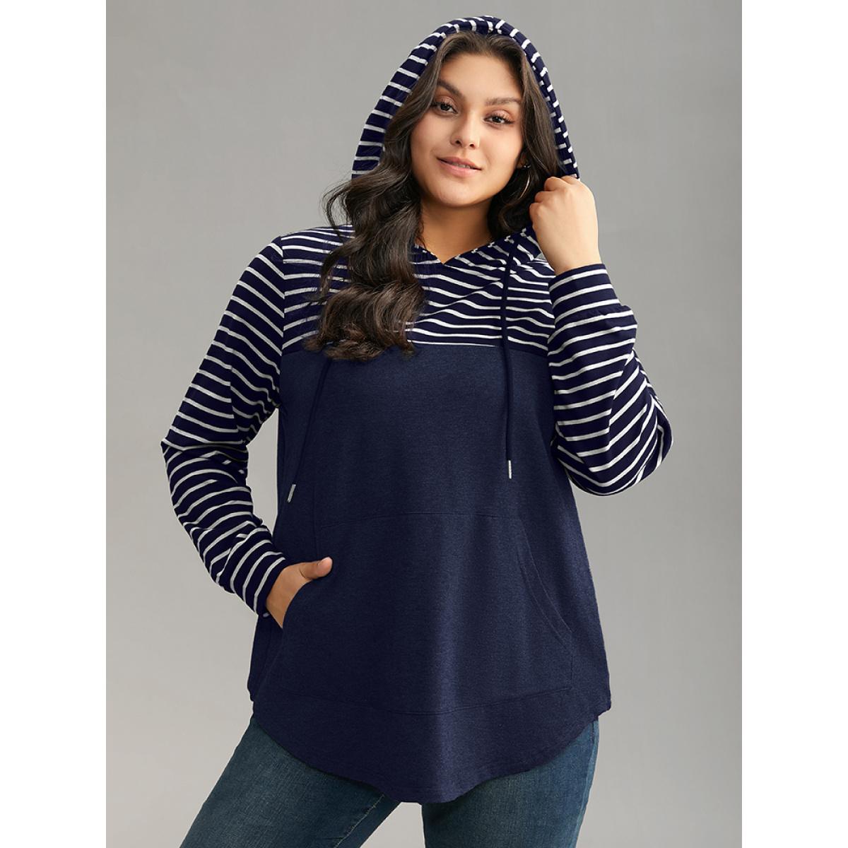 Plus Size Striped Patchwork Hooded Pocket Drawstring Sweatshirt Women Indigo Casual Contrast Hooded Everyday Sweatshirts BloomChic 10/M Product Image