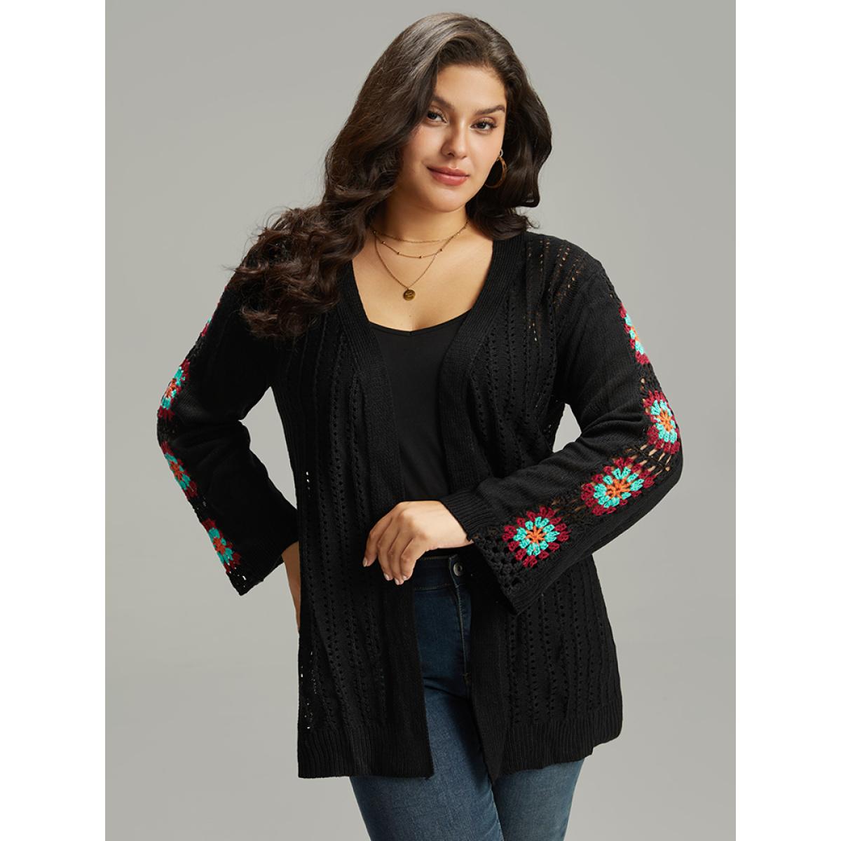 Plus Size Plain Hollow Out Patchwork Cardigan Black Women Casual Loose Long Sleeve Dailywear Cardigans BloomChic 18-20/2X Product Image
