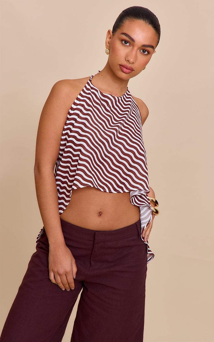 Brown Printed Chiffon Halter Neck Floaty Top Product Image