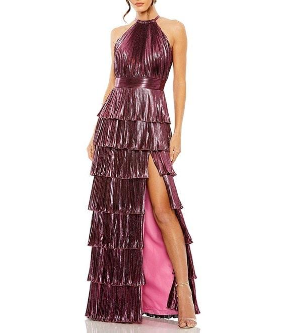 Mac Duggal Halter Neck Sleeveless Pleated Tiered Ruffle Metallic Gown Product Image