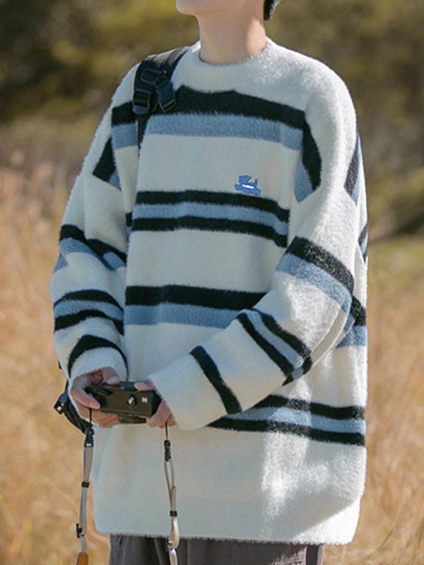 Men's Contrast Color Striped Fuzzy Sweater Product Image