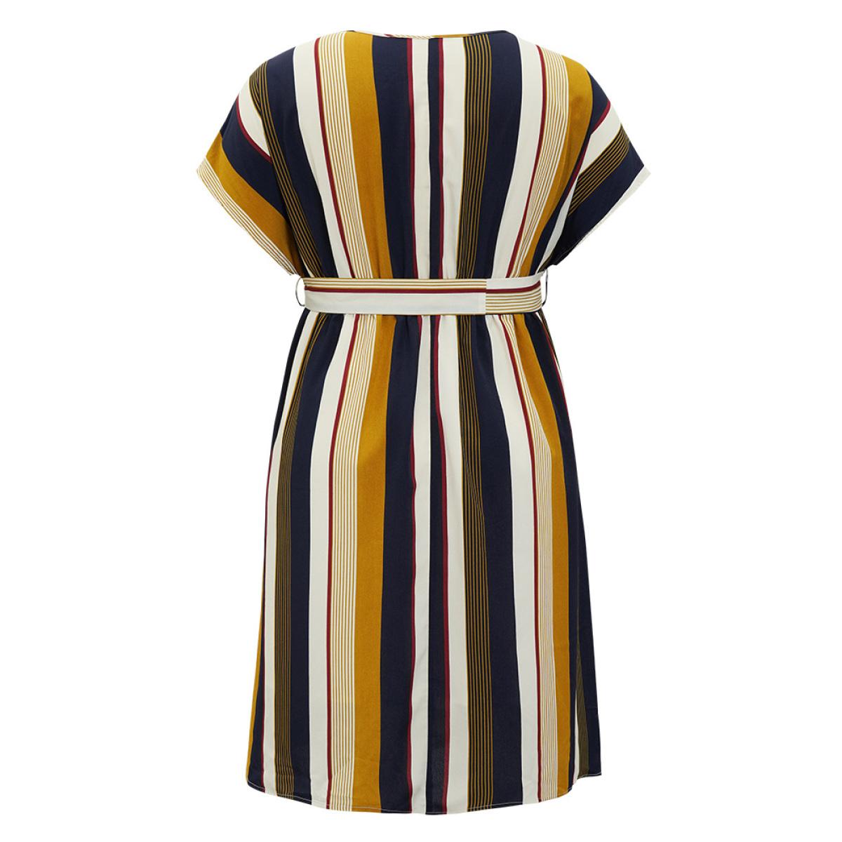 Plus Size Striped Patchwork Belted Ruffles Pocket Dolman Sleeve Dress Multicolor Women Vacation Contrast Round Neck Short sleeve Curvy Knee Dress BloomChic 28/5X Product Image