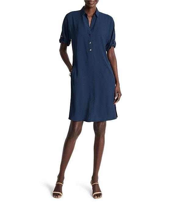 NIC + ZOE Satin Crepe Half Button Collar Short Sleeve Shirt Dress Product Image