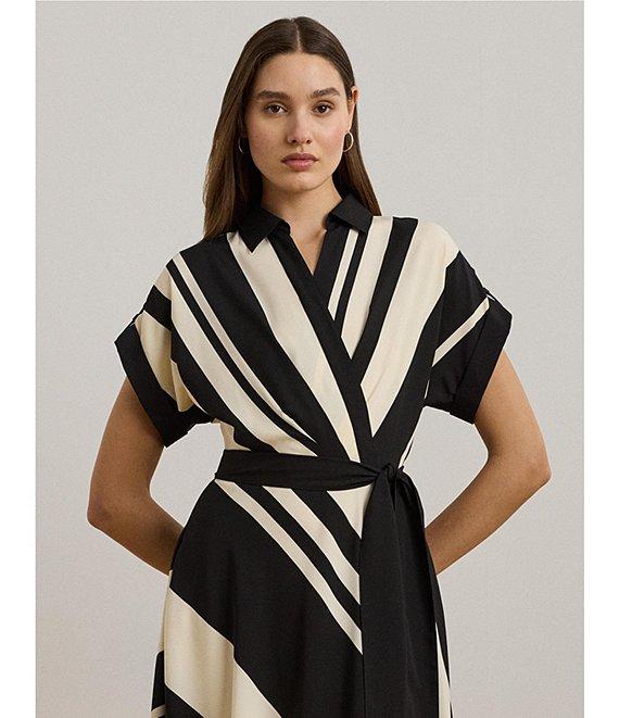 Lauren Ralph Lauren Crepe Striped Spread Collar Short Sleeve Belted A-Line Midi Dress Product Image