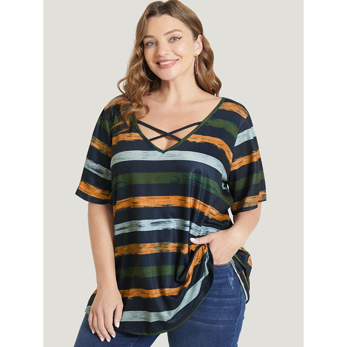 Plus Size Striped Contrast Crisscross Neck T-shirt Moss Women Casual Striped V-neck Dailywear T-shirts BloomChic 30/6X Product Image
