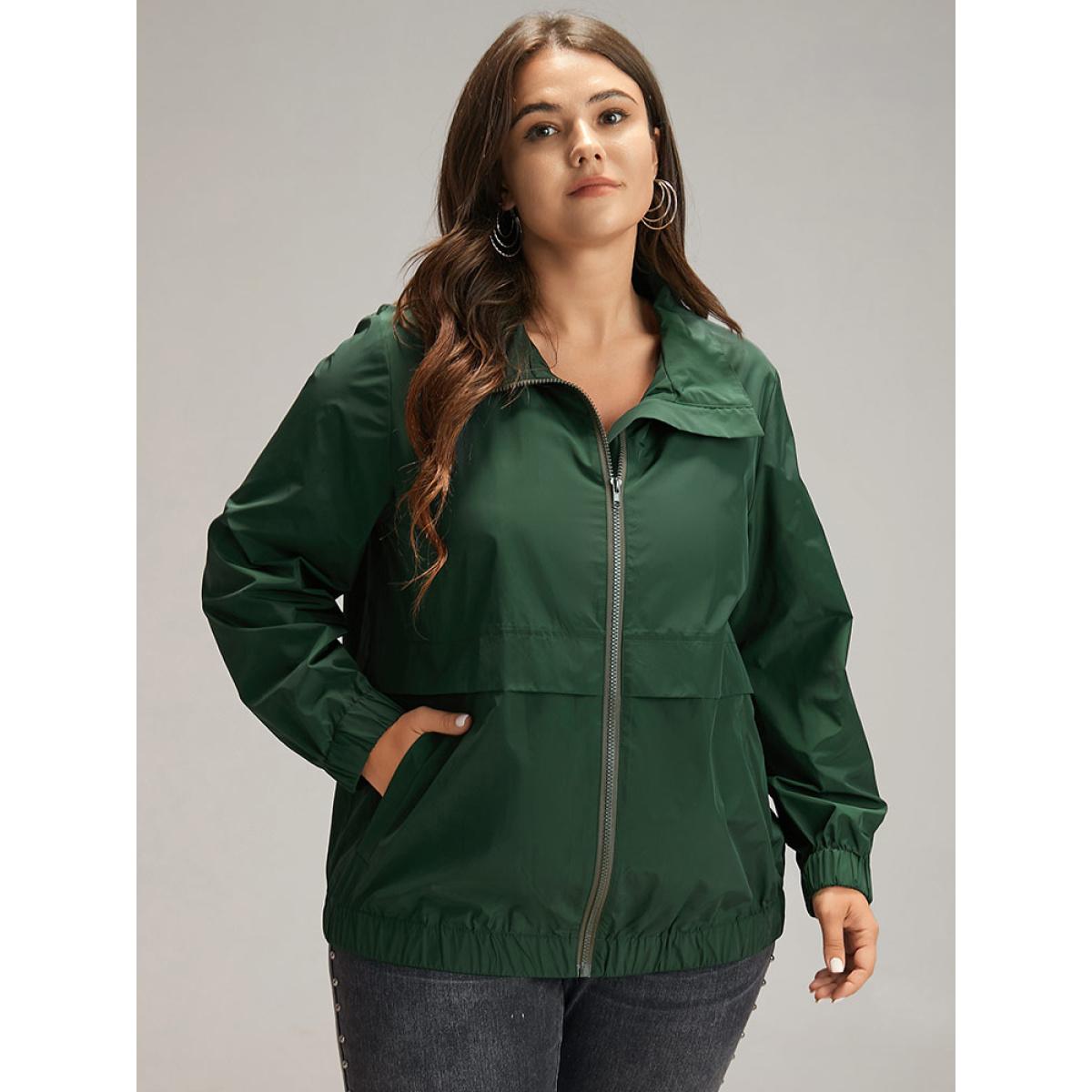 Plus Size Wind-Resistant Plain Zipper Fly Pocket Jacket Women DarkGreen Elastic cuffs Pocket Dailywear Jackets BloomChic 10/M Product Image