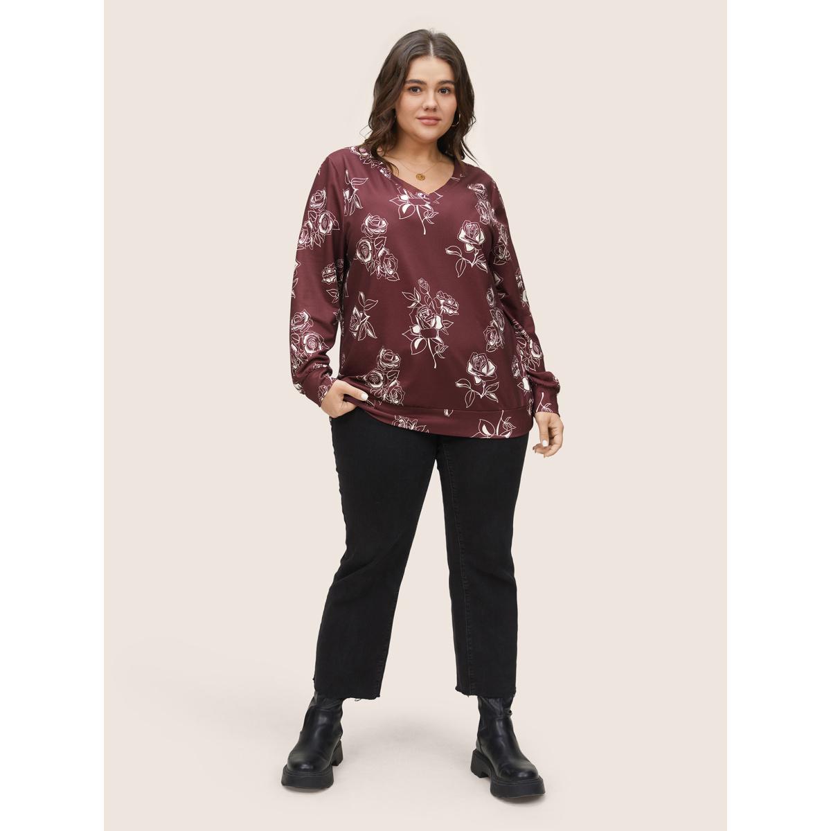 Plus Size Silhouette Floral Rose Print V Neck Sweatshirt Women Burgundy Casual Non V-neck Everyday Sweatshirts BloomChic 14-16/1X Product Image