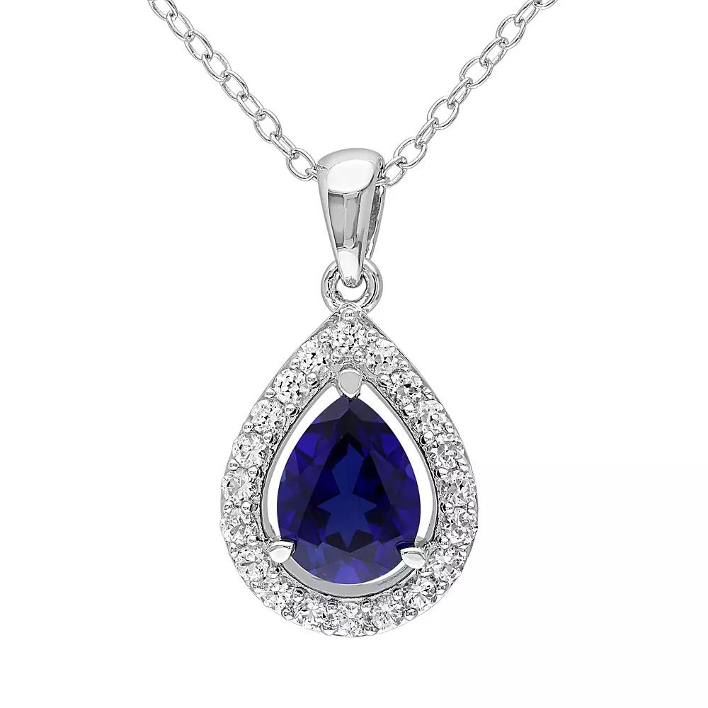Stella Grace Lab-Created Blue Sapphire & Lab-Created White Sapphire Sterling Silver Teardrop Halo Pendant Necklace, Women's,  Product Image