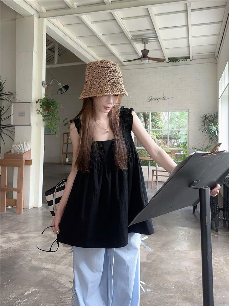 Square Neck Plain Camisole Top / Mid Rise Lace Trim Bow Wide Leg Pants Product Image