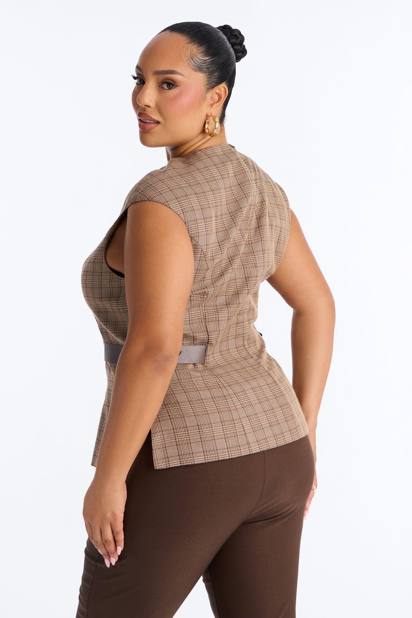 She's The Standard Belted Plaid Top - Taupe/combo Female Product Image