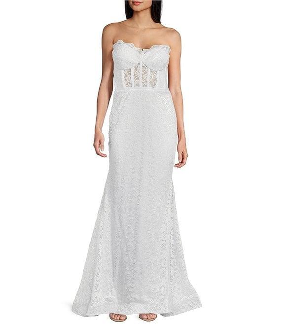 Morgan & Co. Strapless Glitter Illusion Lace Corset Long Dress Product Image