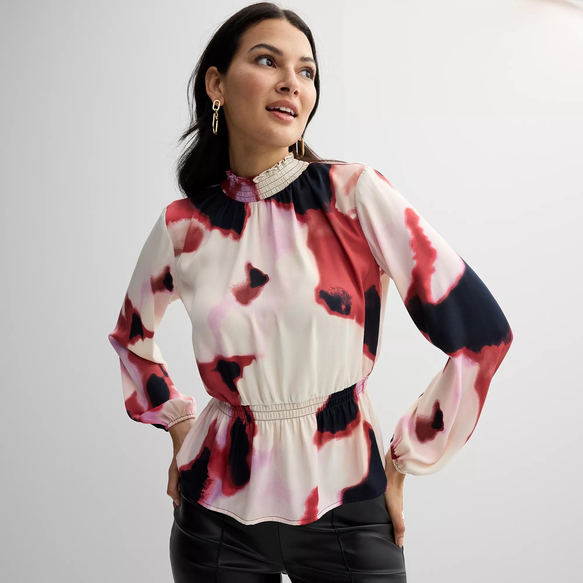 Women's Nine West Smocked Blouse, Size: Medium, Multi Brush Flares Product Image