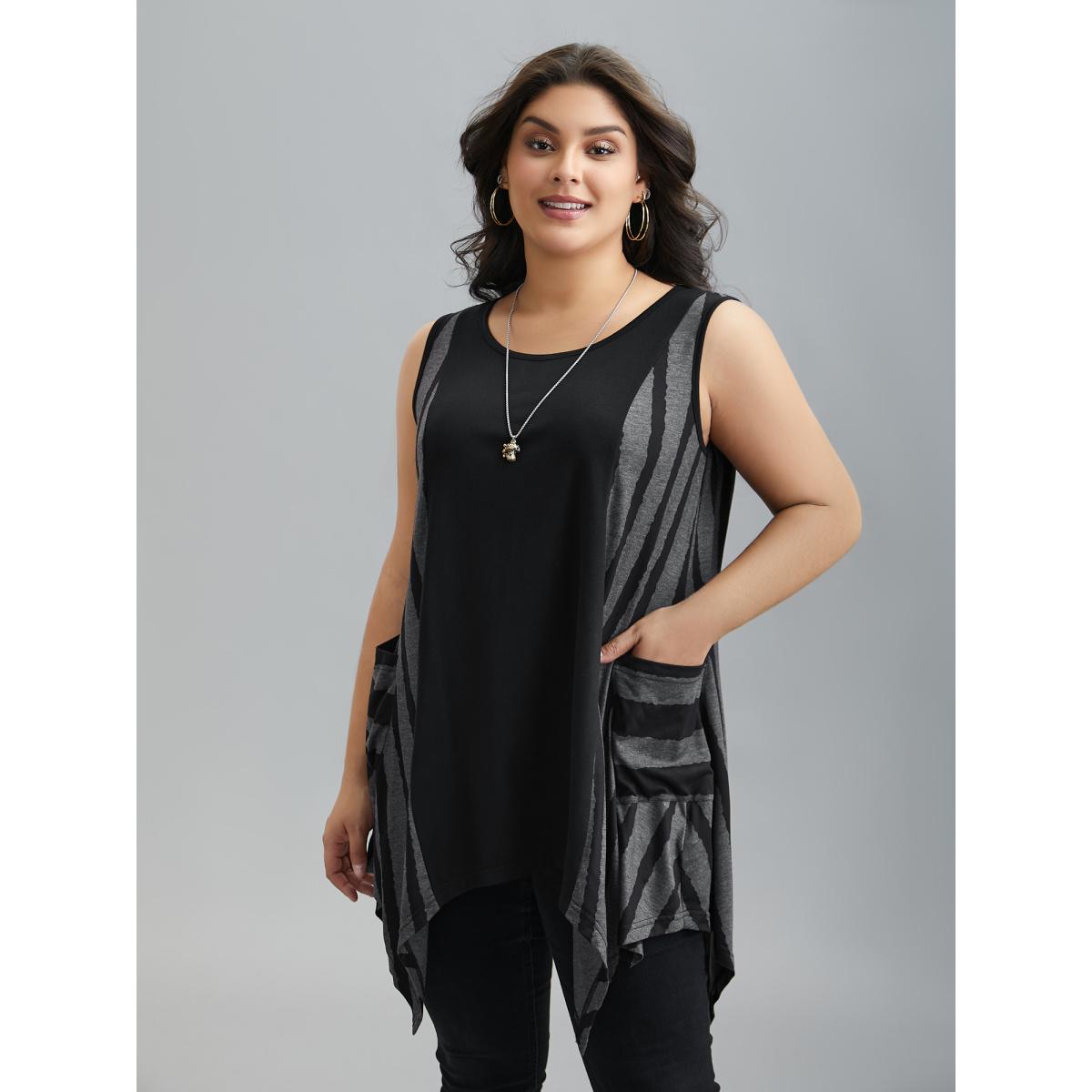 Plus Size Striped Spliced Pockets Hi-Low Hem Vest Women Black Casual Contrast Round Neck Everyday Tank Tops Camis BloomChic 30/6X Product Image