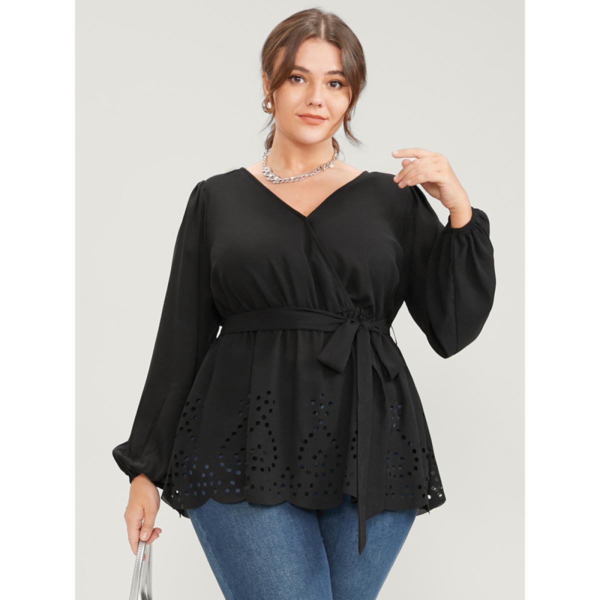 Plus Size Black Solid Wrap Lantern Sleeve Laser Cut Belted Blouse Women Office Long Sleeve V-neck Work Blouses BloomChic 26/4X Product Image