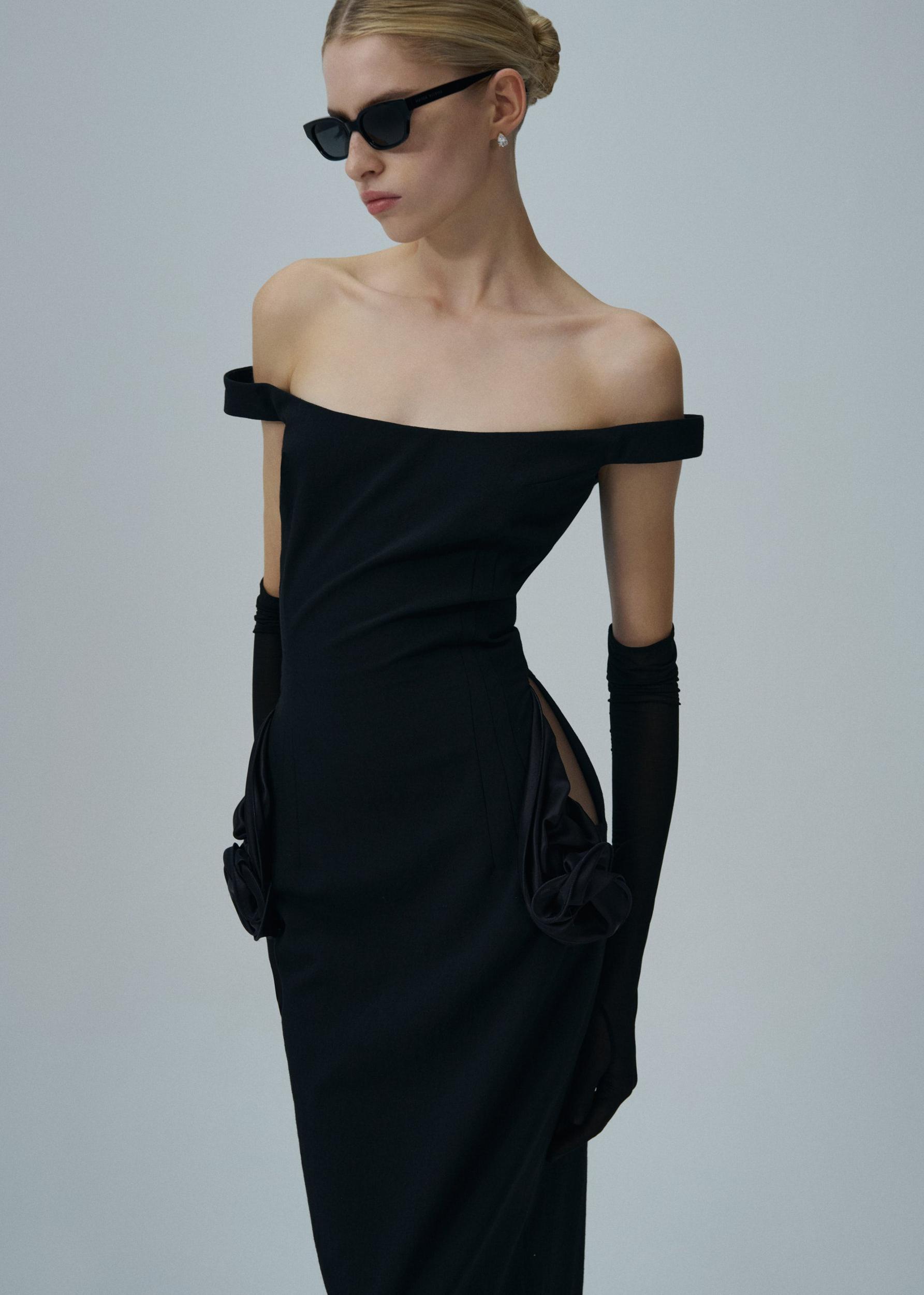 Floral side cut out midi dress in black Product Image