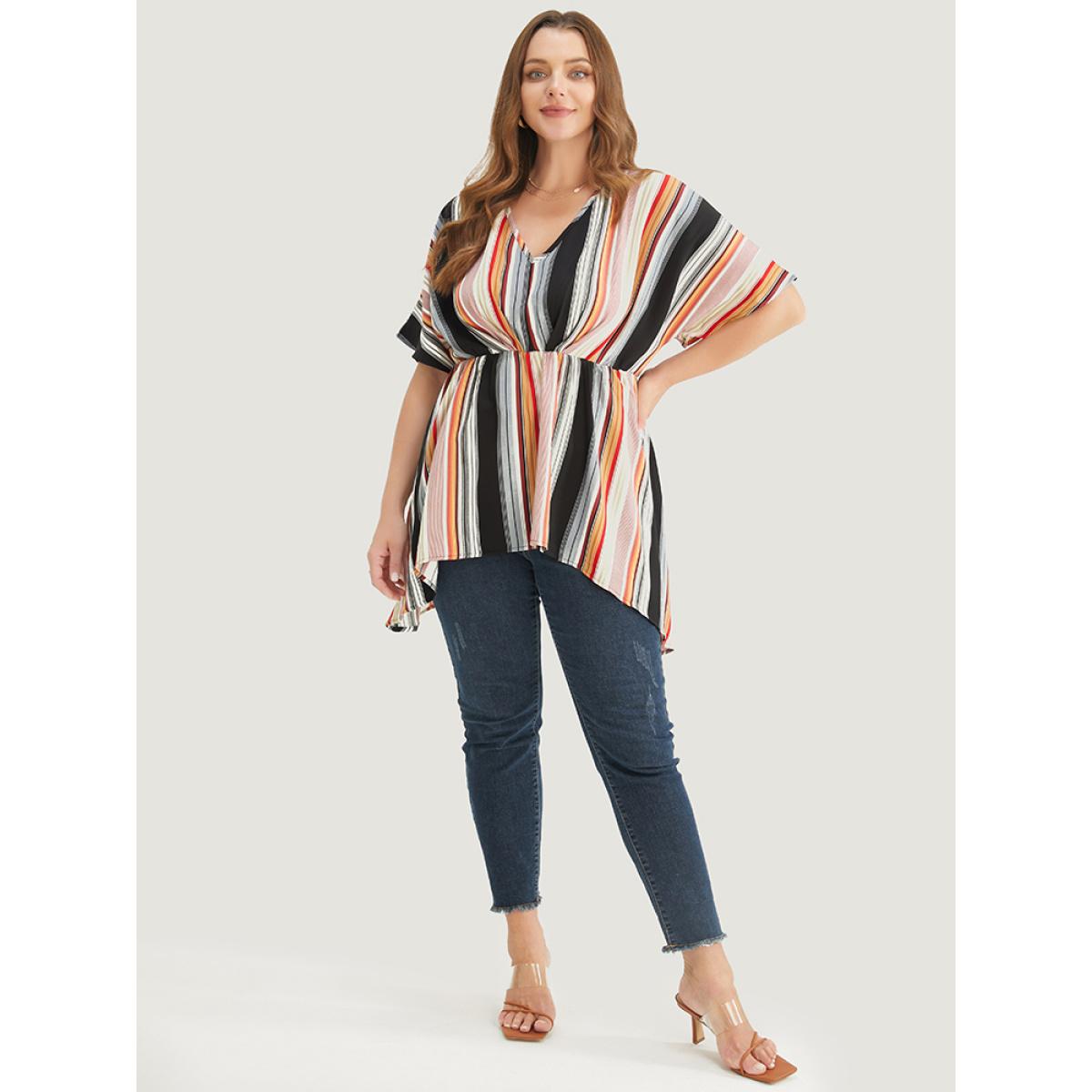 Plus Size Multicolor Striped Contrast Dolman Sleeve Asymmetrical Hem Blouse Women Vacation Short sleeve V-neck Dailywear Blouses BloomChic 14-16/1X Product Image