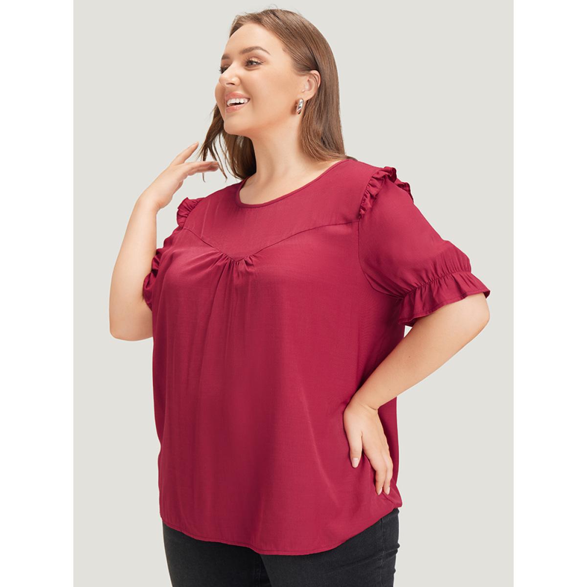 Plus Size RedViolet Plain Gathered Ruffle Trim Puff Sleeve Blouse Women Office Short sleeve Round Neck Work Blouses BloomChic 18-20/2X Product Image