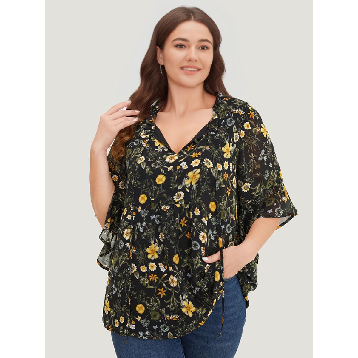 Plus Size Black Floral Tie Neck Frill Trim Bell Sleeve Blouse Women Elegant Half Sleeve Tie Neck Dailywear Blouses BloomChic 18-20/2X Product Image