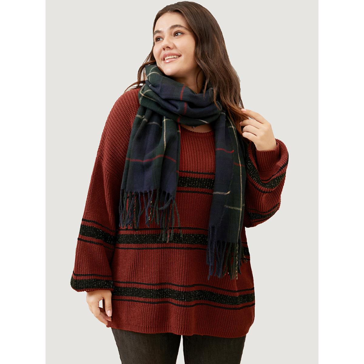 Plus Size Striped Contrast Pointelle Knit Lantern Sleeve Round Neck Knit Top Scarlet Women Casual Loose Long Sleeve Round Neck Dailywear Pullovers BloomChic 18-20/2X Product Image