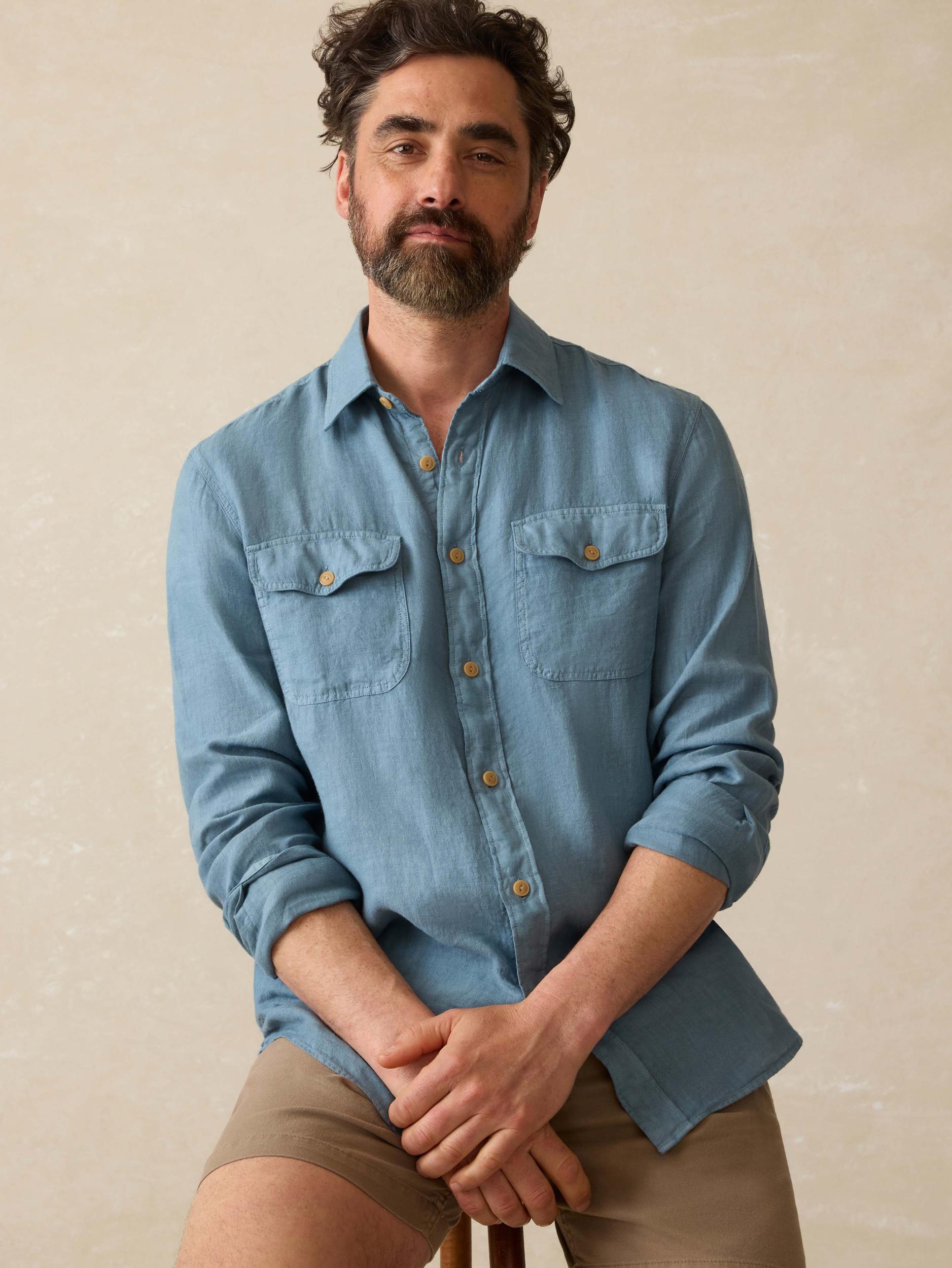 Irish Linen Safari Shirt - Deep Marine Male Product Image