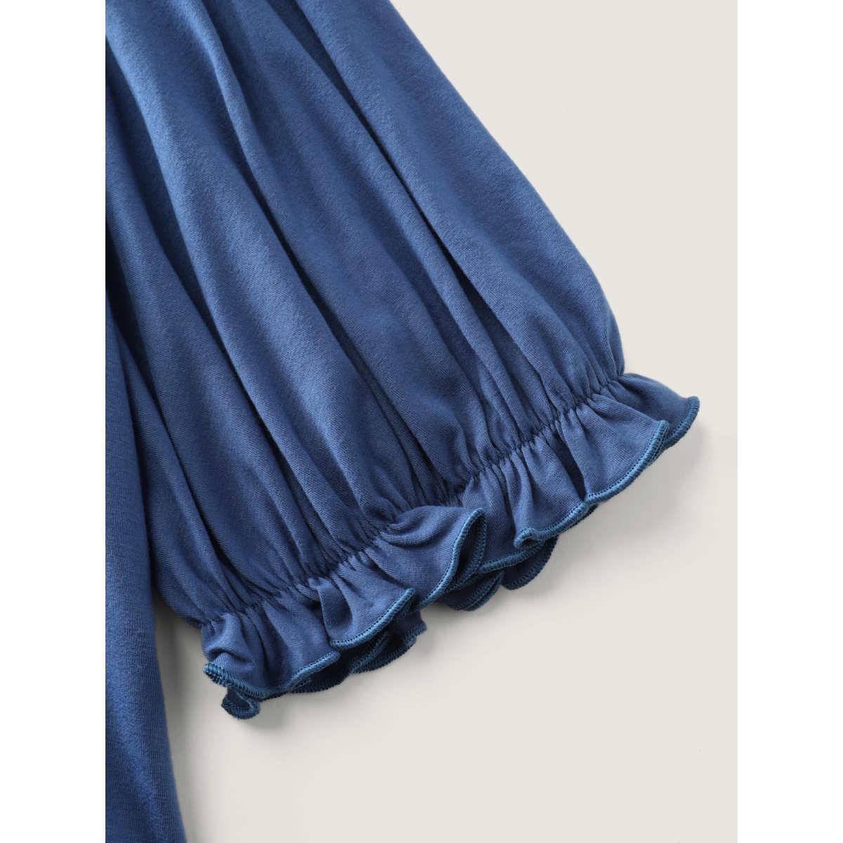 Plus Size Colorful Floral Embroidered Neckline T-Shirt Mediumblue Women Boho Notched collar Vacation T-shirts BloomChic 28/5X Product Image