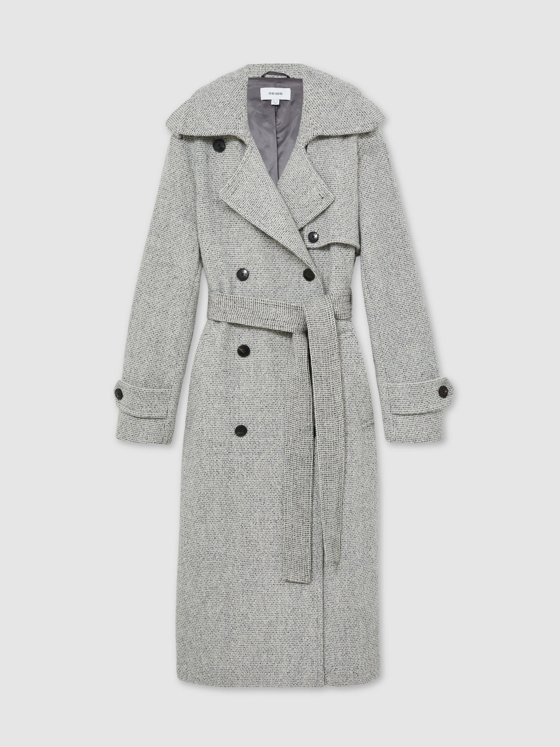Wool-Blend Double-Breasted Check Trench Coat in Black/White Product Image