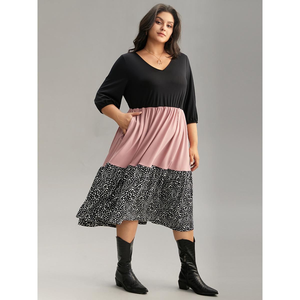 Plus Size Leopard Colorblock Patchwork Elastic Waist Dress Multicolor Women Casual Elastic cuffs V-neck Elbow-length sleeve Curvy Midi Dress BloomChic 14-16/1X Product Image