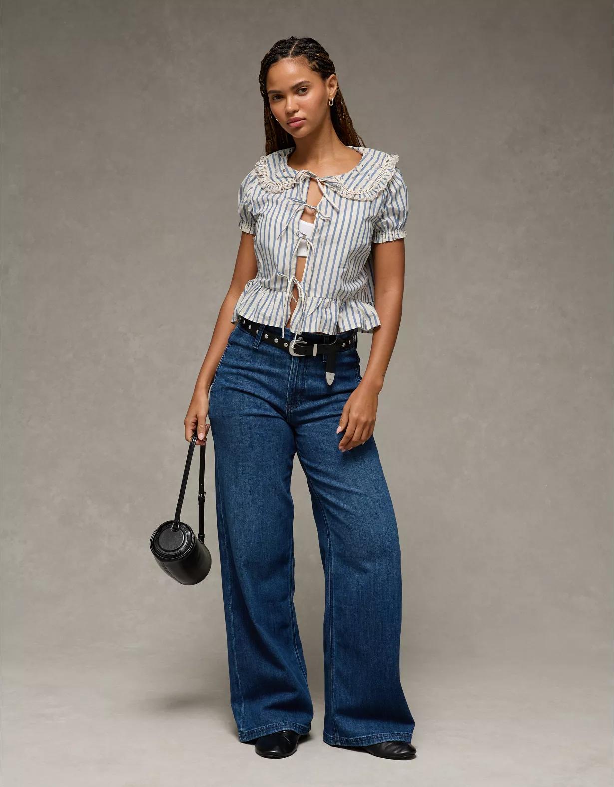 AE Collared Puff Sleeve Tie Front Blouse Product Image