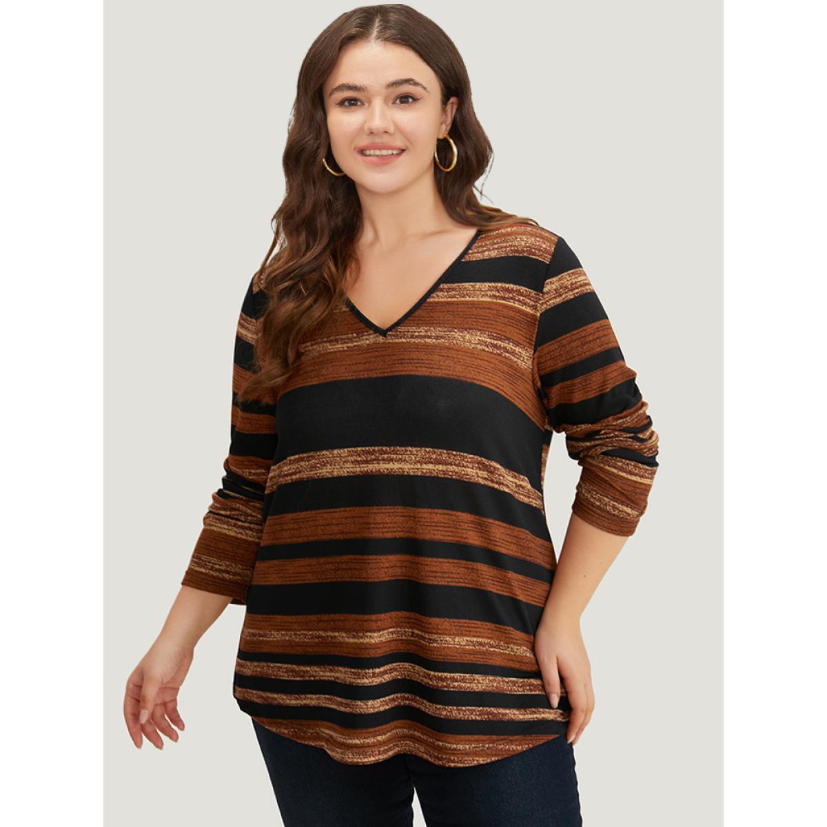 Plus Size Striped Contrast V Neck T-shirt Multicolor Women Casual Printed Striped V-neck Dailywear T-shirts BloomChic 22-24/3X Product Image
